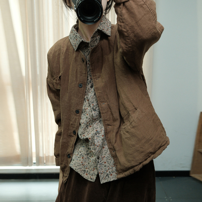 复古文艺范夹棉麻料外套