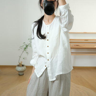 日系休闲风圆领纯色宽松麻料衬衫