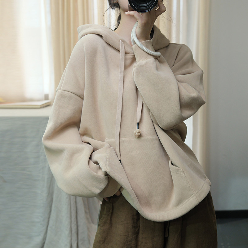 素凡卡冬季新款韩版ins潮流单色抽绳棉料厚款上衣宽松套头卫衣女