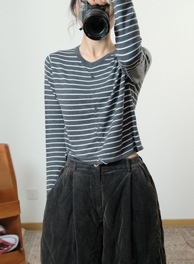 秋冬新款素凡卡韩系休闲时尚圆领撞色条纹休闲百搭显瘦长袖上衣女