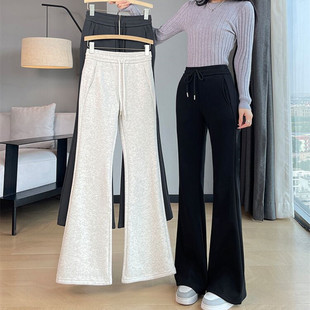 显瘦垂感小个子弹力休闲加绒微喇运动裤 黑色喇叭裤 女秋冬胖mm大码