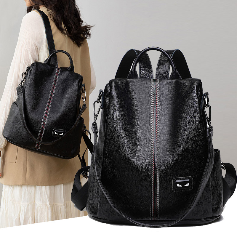 真皮双肩包女2023新款潮时尚纯色女士牛皮包包大容量休闲两用背包