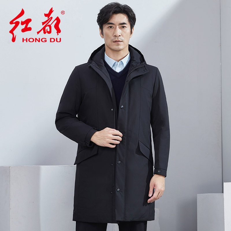红都冬季新款男中长款兔毛皮内胆中长款加厚连帽男装羽绒服