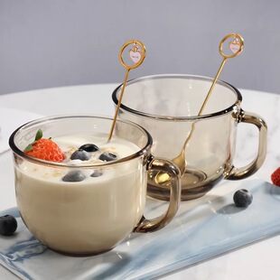 北欧ins风大肚玻璃杯耐热手柄杯500ml咖啡早餐牛奶杯带勺盖子水杯
