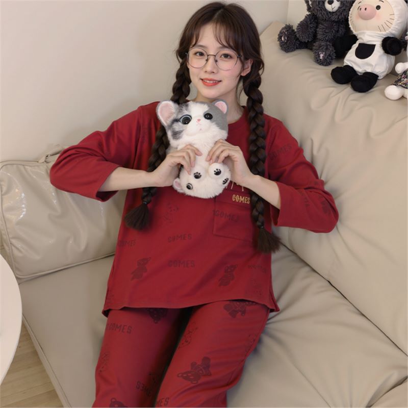 红色女睡衣春秋纯棉2025蛇年新款大码胖mm秋冬款本命年家居服套装