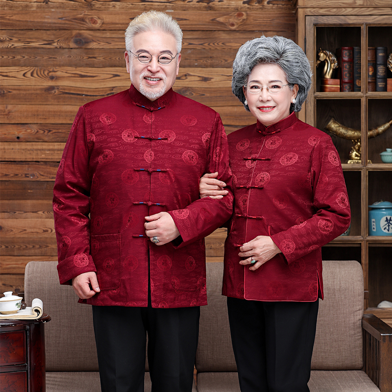 老年人唐装男羽绒服秋冬爷爷奶奶情侣外套中老年过寿婚礼爸爸套装