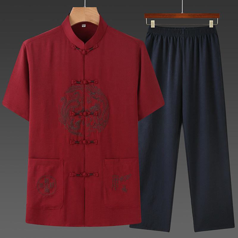 中国风唐装男棉麻短袖夏季中老年中式爸爸刺绣薄款汉休闲衬衫两件