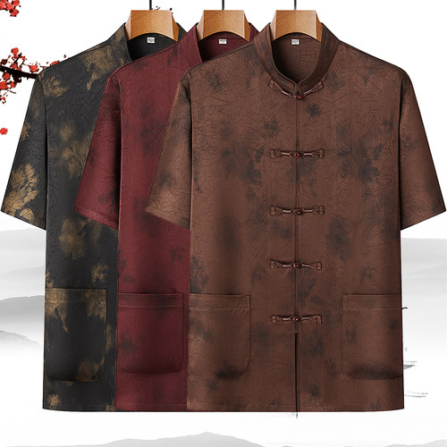 高端珠扣香云纱唐装男中老年爸爸夏季短袖套装中国风老人爷爷夏装