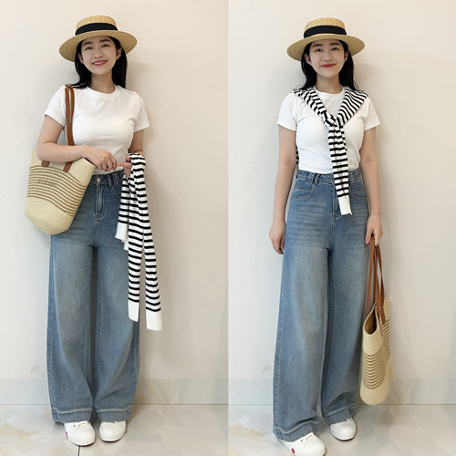 小个子浅蓝牛仔阔腿裤女2026秋款