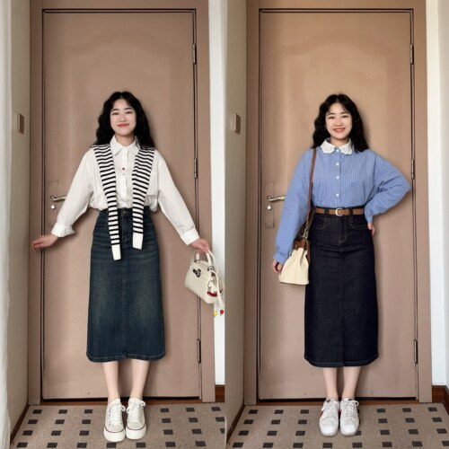 复古蓝牛仔半身裙女a字裙直筒裙
