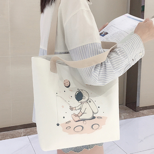 帆布包女士单肩包上课学生拎书大容量手提布袋子高级上班通勤慵懒