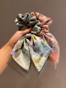 莫奈花园油画蝴蝶结飘带肠圈高级感小众ins后脑勺扎头绳新款 发饰