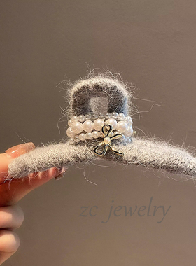 韩国东大门新款灰色毛线小香风珍珠抓夹时尚轻奢后脑勺盘发鲨鱼夹