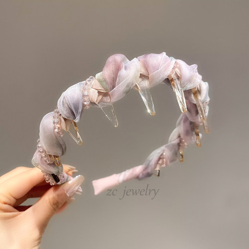 高级感重工水晶缠绕欧根纱扎染发箍女时尚小众高颅顶防滑发卡发饰