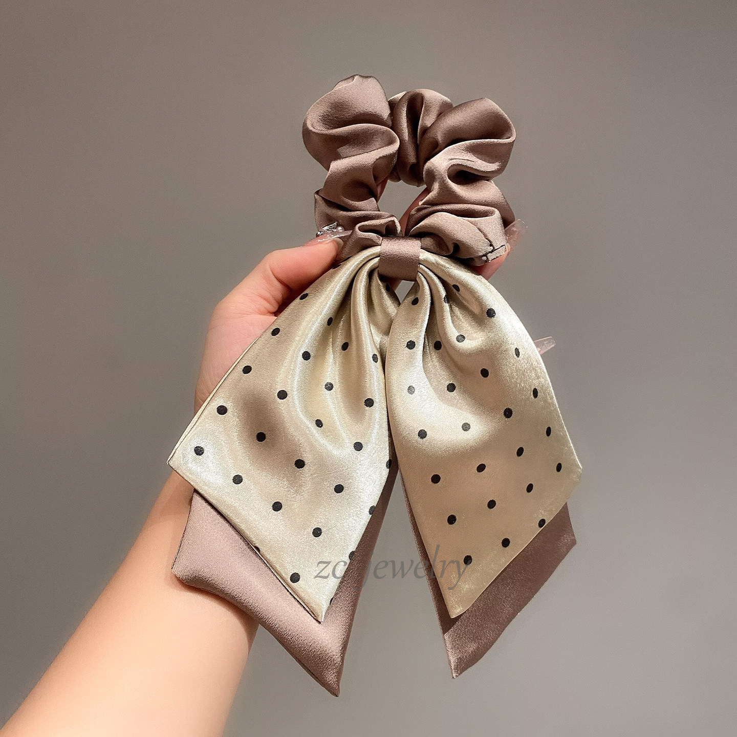 韩版东大门时尚香槟波点蝴蝶结飘带肠圈女气质小众后脑勺扎头绳