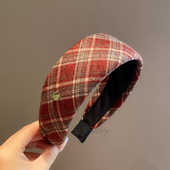 高级感复古酒红格子宽边发箍女显肤色森系高颅顶外出百搭发卡发饰