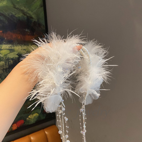 氛围感~超仙羽毛水晶流苏花冠发箍女高级感双层珍珠演出写真配饰