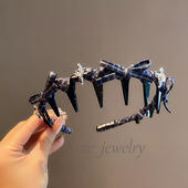 韩版 学院风藏青格子蝴蝶结发箍女甜美少女心闪钻头箍发卡发饰新款