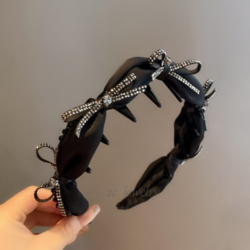 高级感黑色水晶闪钻蝴蝶结发箍女时尚高颅顶带齿防滑发卡新款发饰