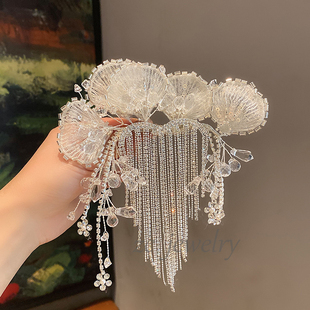 高档轻奢重工水晶串珠闪钻流苏发夹女唯美超仙新娘盘发头饰发卡