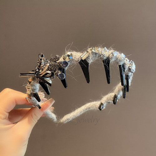 韩国东大门重工闪钻灰色毛线微镶小熊发箍女时尚精致高颅顶发卡