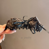 韩版 精致咖色点点多层蝴蝶结闪钻香蕉夹女时尚 轻奢后脑勺横夹发饰