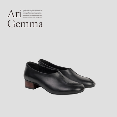 Ari Gemma｜循迹·复古水洗油蜡牛皮缝线高跟黑色气质浅口单鞋