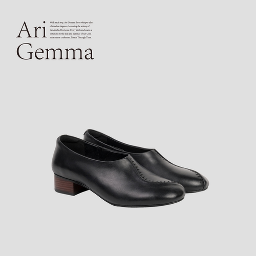 Ari Gemma｜循迹·复古水洗油蜡牛皮缝线高跟黑色气质浅口单鞋