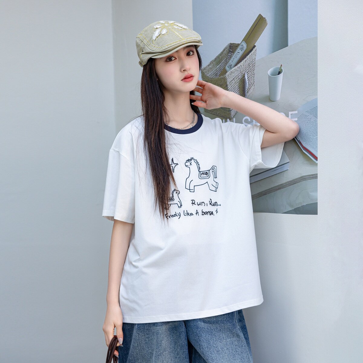 儿童短袖t恤中大童夏季薄款女童短袖初中生女生夏卡通刺绣童装
