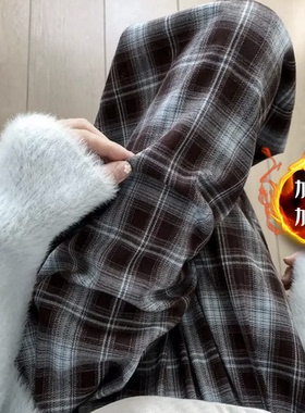 羊羔绒加绒加厚格子裤子休闲裤女秋冬宽松直筒格子阔腿裤棉裤睡裤