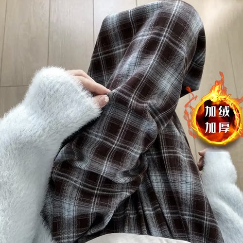 羊羔绒加绒加厚格子裤子休闲裤女秋冬宽松直筒格子阔腿裤棉裤睡裤