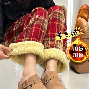 直筒格子阔腿裤 女冬款 棉裤 睡裤 子 羊羔绒加绒加厚格子裤 长裤 休闲裤