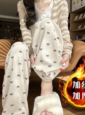 加绒加厚蝴蝶结糯米裤秋冬高腰阔腿裤直筒长裤小个子山本裤阔腿裤