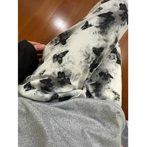 泼墨新中式国风冰丝裤垂感阔腿裤女夏季蝴蝶印花宽松直筒休闲长裤