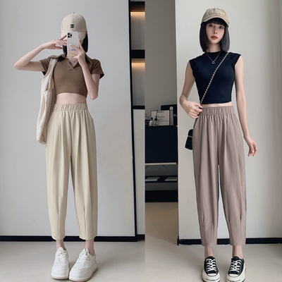 八分山本裤窄版垂感女夏季薄款透气褶皱哈伦裤小个子冰丝萝卜裤子