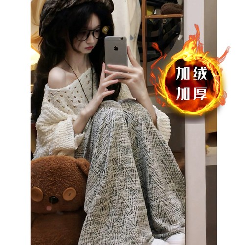 【有口袋】加绒小香风人字纹阔腿裤秋冬提花懒惰风长裤直筒拖地裤