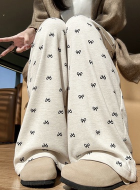 秋冬蝴蝶结阔腿裤女加绒加厚高腰宽松阔腿裤直筒长裤山本裤糯米裤