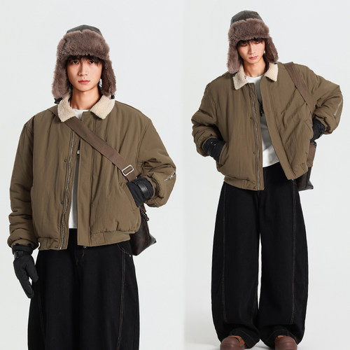 美式复古羊羔绒翻领短款棉服外套