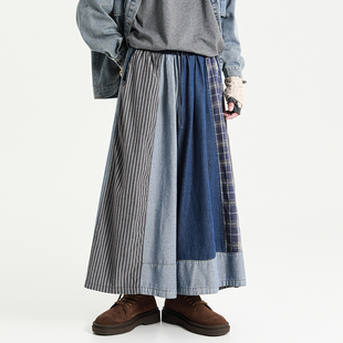 男女休闲做旧垂感阔腿裤 怕生 鹿原宿风oversize复古牛仔拼接裙裤