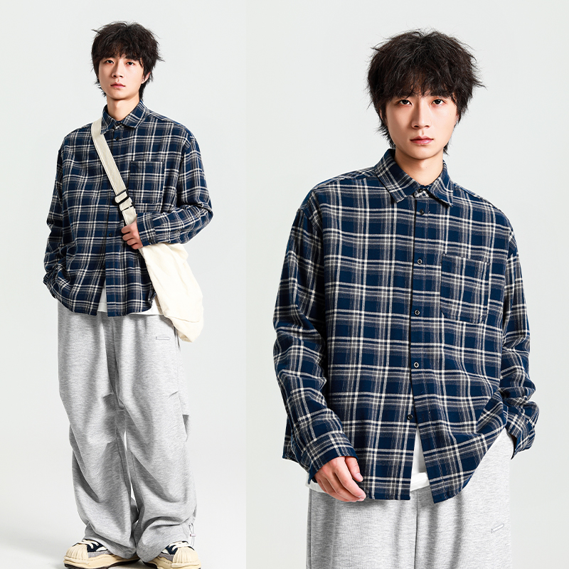 秋美式复古磨毛格子长袖衬衫外套