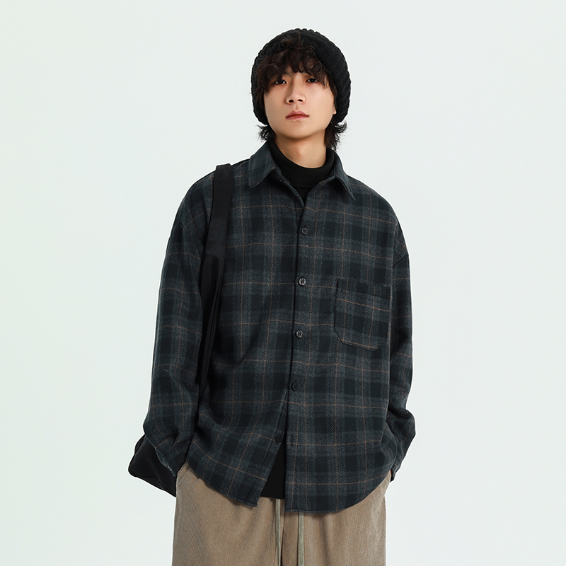 日系vintage复古厚毛呢格子衬衫