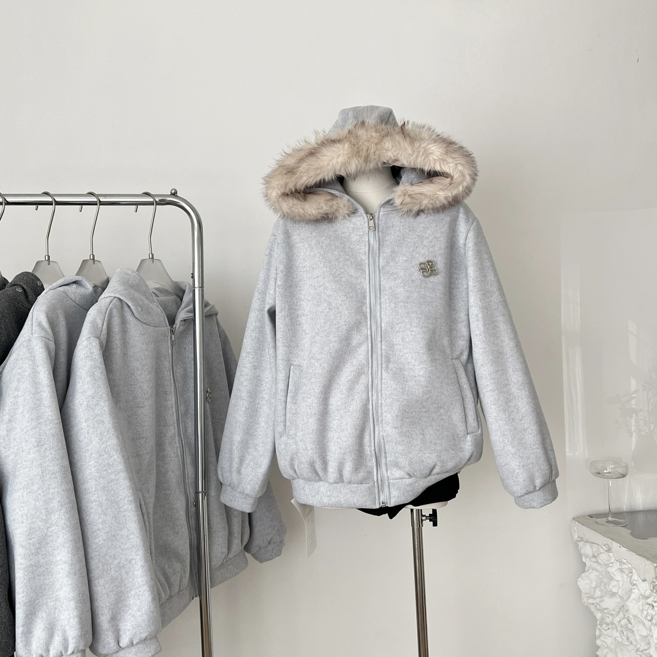 QDQD 原创连帽毛领羊毛呢子大衣夹棉加厚保暖秋冬季拉链卫衣外套