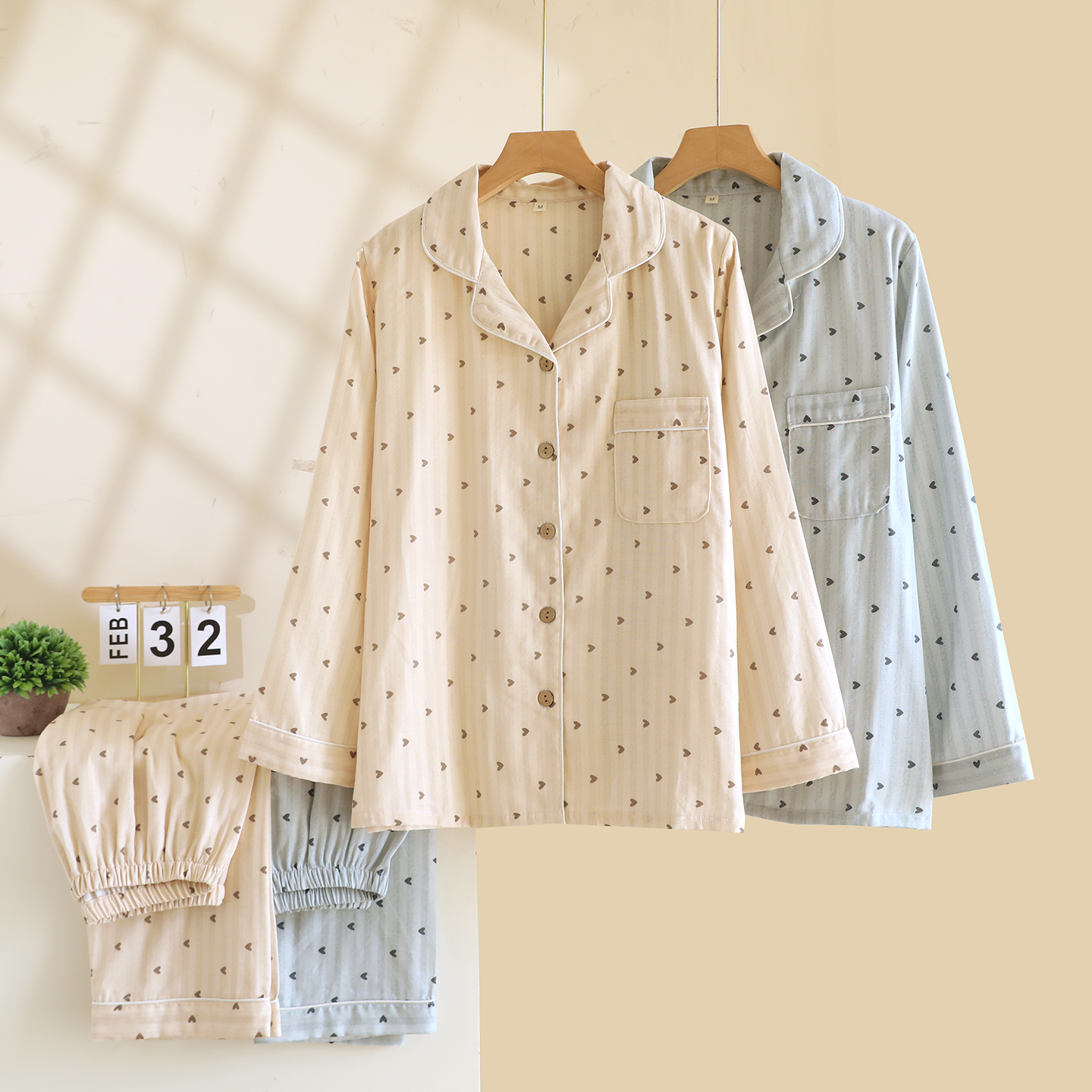 新款纯棉纱布女睡衣爱心薄款春夏秋季全棉宽松柔软家居服两件套