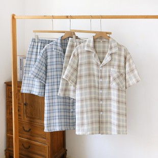 男睡衣短袖 五分褲 大碼 半袖 家居服純棉雙層紗布薄款 套裝 夏季 短褲