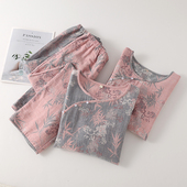 家居服 柔软复古春夏季 圆领女士睡衣纯棉双层纱布色织提花长袖 长裤