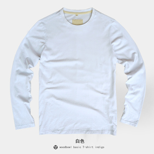 重磅全棉磨毛高品质圆领长袖T恤白色打底衫原创复古蓝染indigo