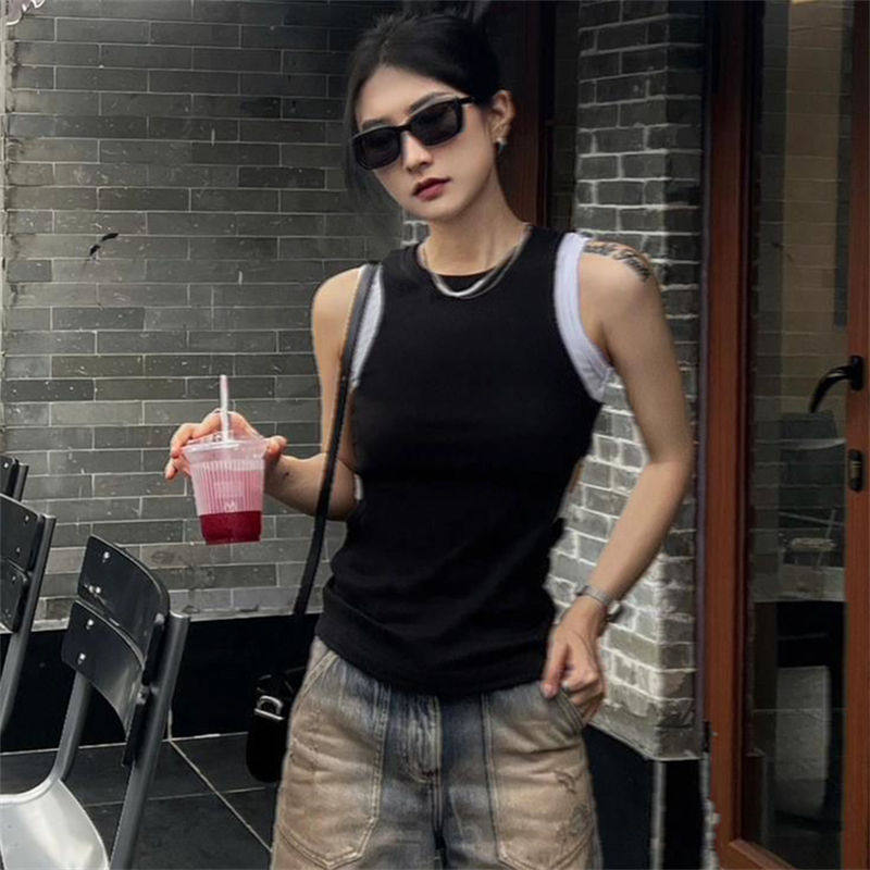 欧货2023夏季新款弹力修身显瘦版型的黑白两色针织背心女内搭外穿