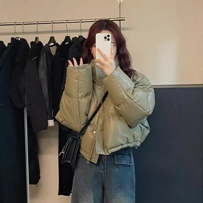 免洗pu皮羽绒棉衣女装精品新短款