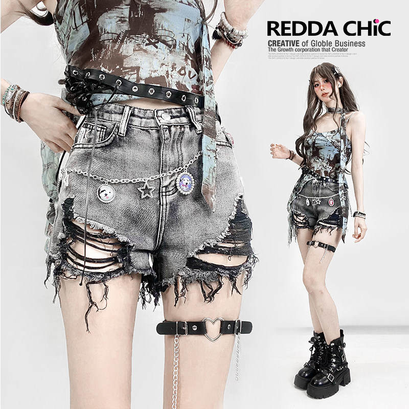 美式复古辣妹破洞黑灰色牛仔短裤个性阔腿设计感亚比直筒热裤女