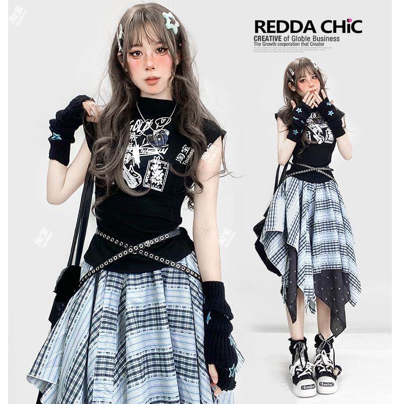 美式y2k黑色印花无袖背心短款修身收腰辣妹夏季+袖套T恤亚比上衣